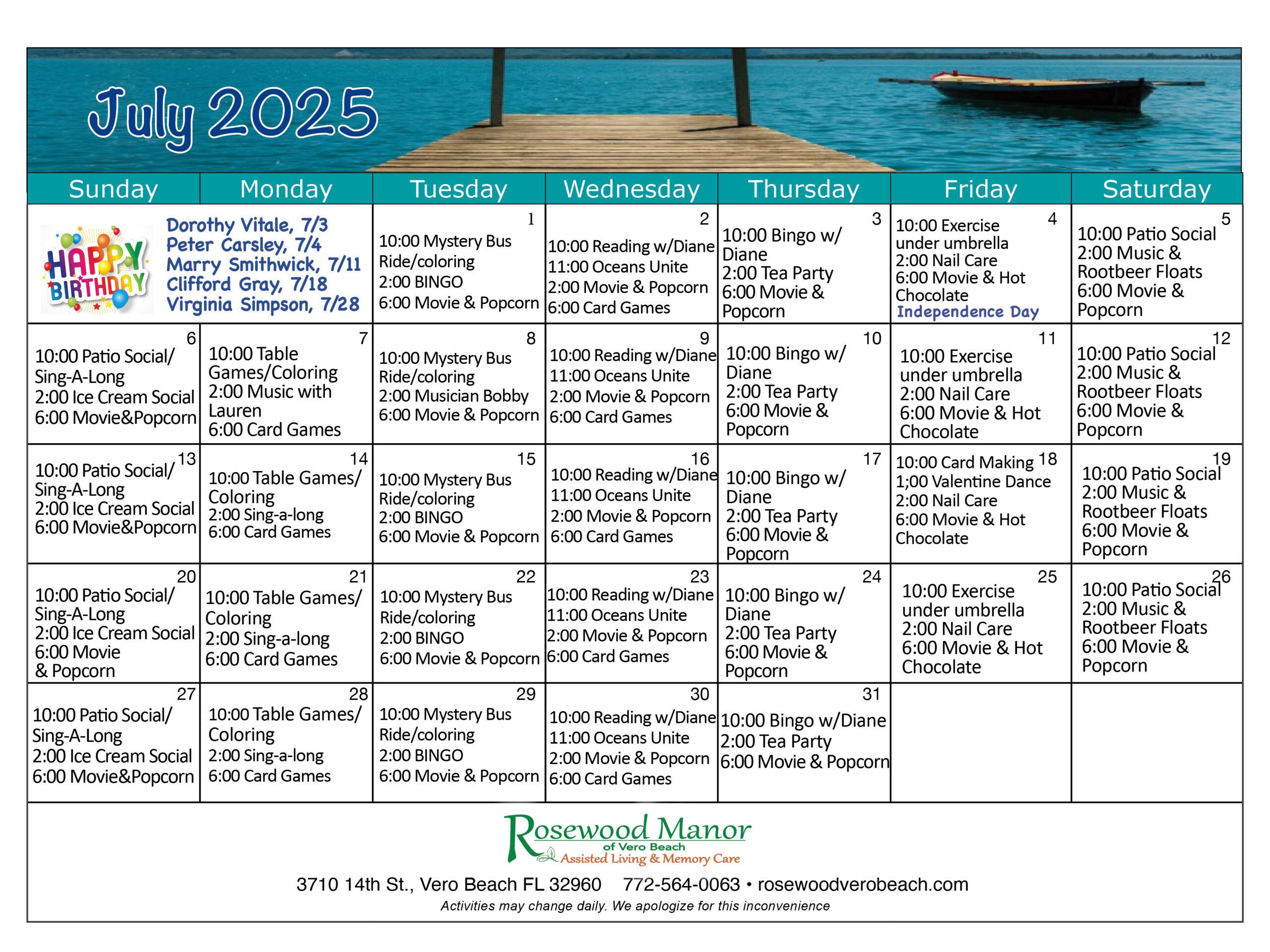 Rosewood Manor July Calendar of Events
