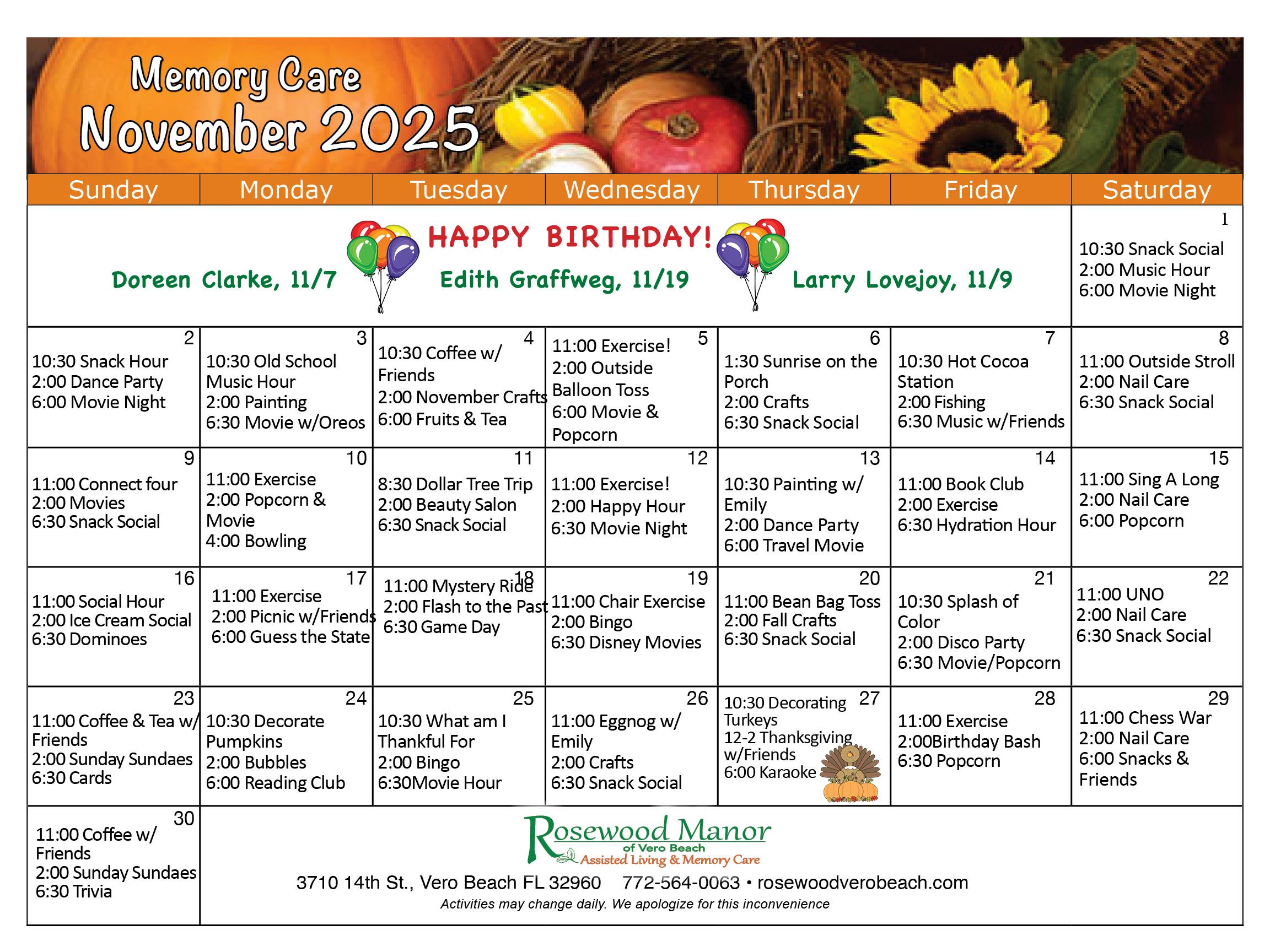 Memory Care November Events